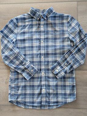 VINEYARD VINES BOYS Blue and White Plaid Cotton Shirt, Small (8-10) Whale Logo